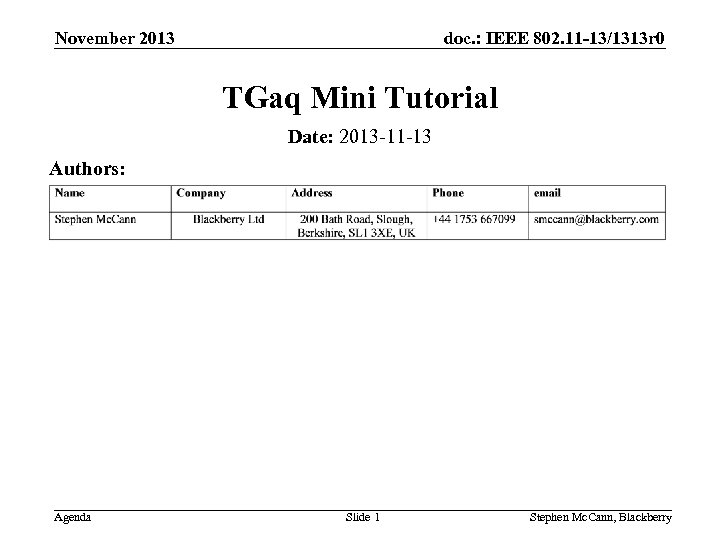 doc. : IEEE 802. 11 -13/1313 r 0 November 2013 TGaq Mini Tutorial Date: