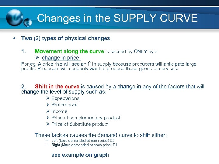 Changes in the SUPPLY CURVE • Two (2) types of physical changes: 1. Movement