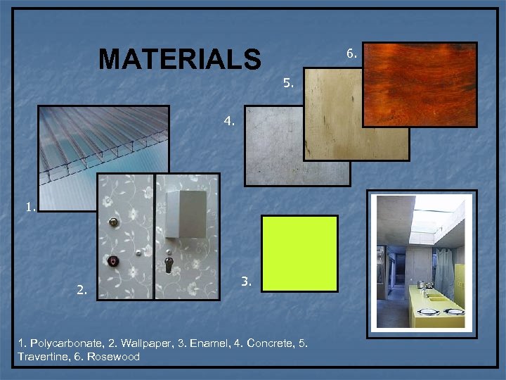 MATERIALS 6. 5. 4. 1. 2. 3. 1. Polycarbonate, 2. Wallpaper, 3. Enamel, 4.