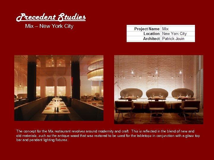 Precedent Studies Mix – New York City The concept for the Mix restaurant revolves