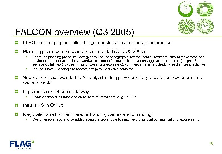 FALCON overview (Q 3 2005) FLAG is managing the entire design, construction and operations