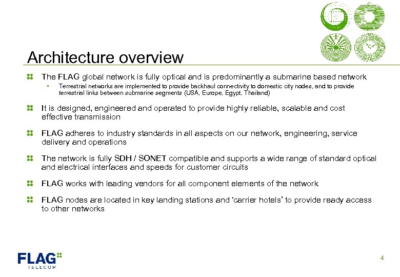 Architecture overview The FLAG global network is fully optical and is predominantly a submarine