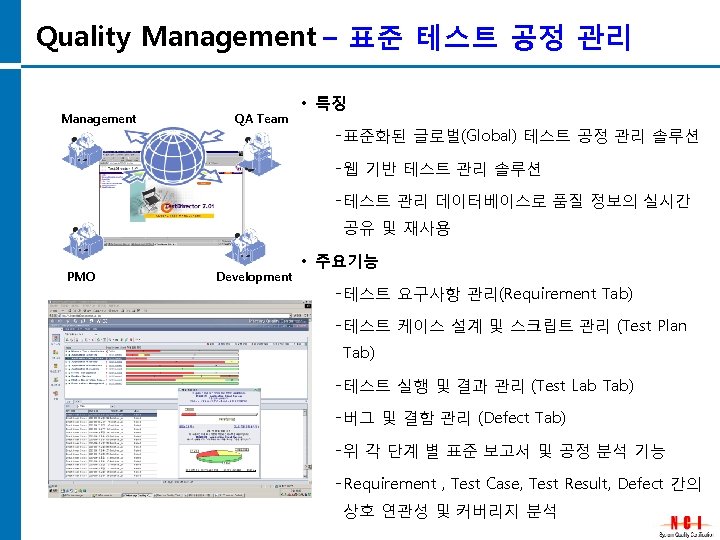 Quality Management – 표준 테스트 공정 관리 Management QA Team • 특징 표준화된 글로벌(Global)