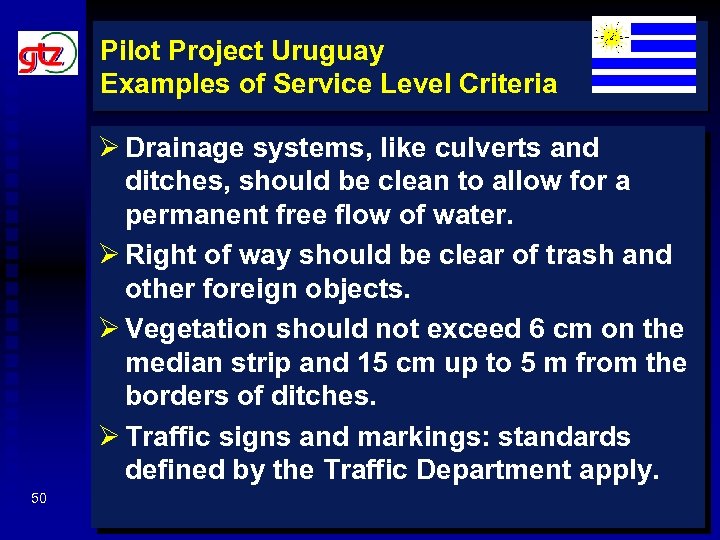 Pilot Project Uruguay Examples of Service Level Criteria Ø Drainage systems, like culverts and