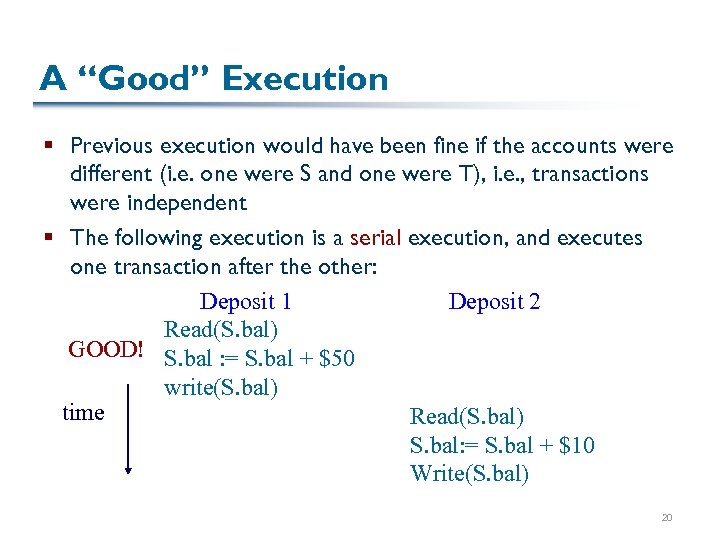 A “Good” Execution § Previous execution would have been fine if the accounts were
