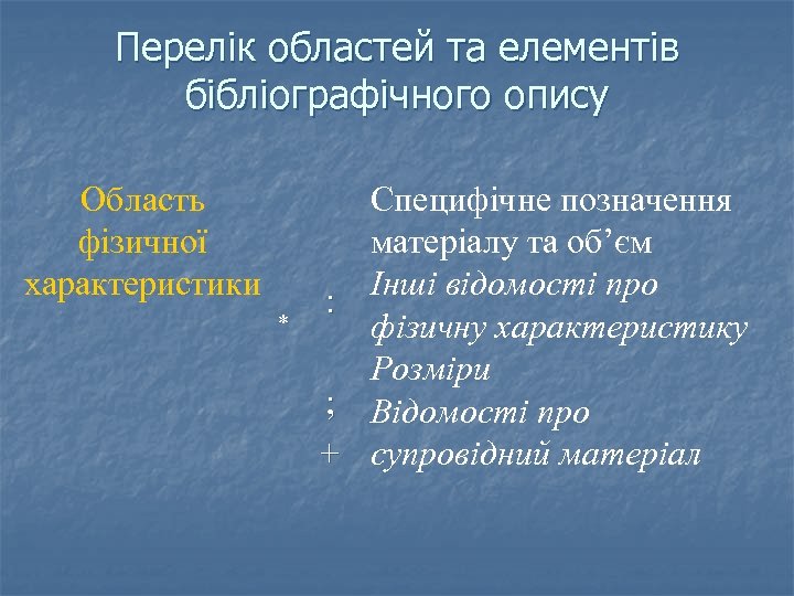Перелік областей та елементів бібліографічного опису Область фізичної характеристики * Специфічне позначення матеріалу та