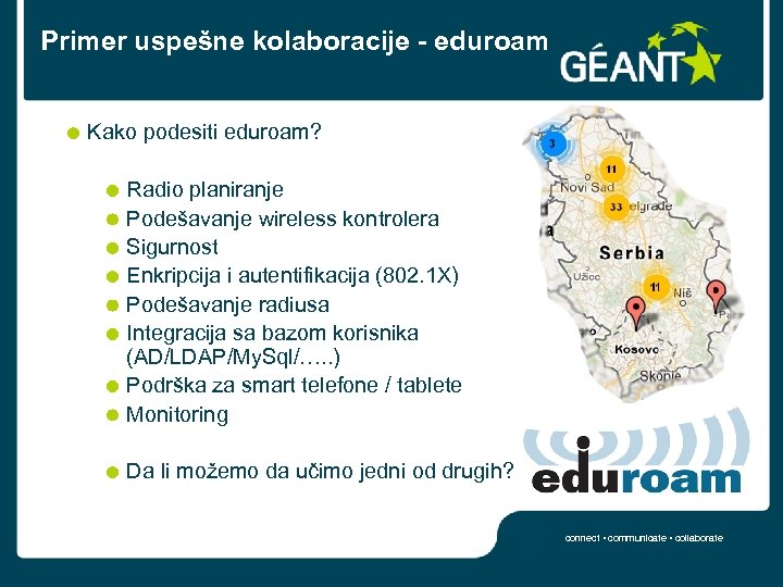 Primer uspešne kolaboracije - eduroam Kako podesiti eduroam? Radio planiranje Podešavanje wireless kontrolera Sigurnost