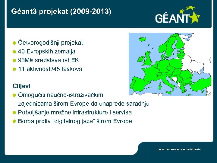 Géant 3 projekat (2009 -2013) Četvorogodišnji projekat 40 Evropskih zemalja 93 M€ sredstava od