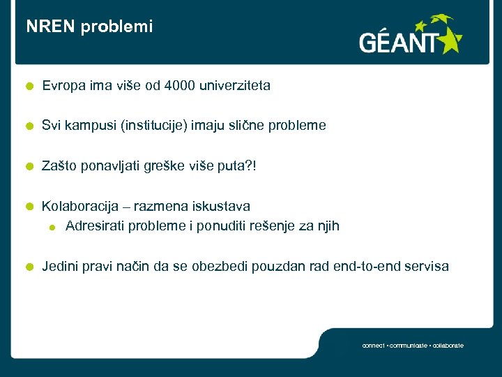 NREN problemi Evropa ima više od 4000 univerziteta Svi kampusi (institucije) imaju slične probleme