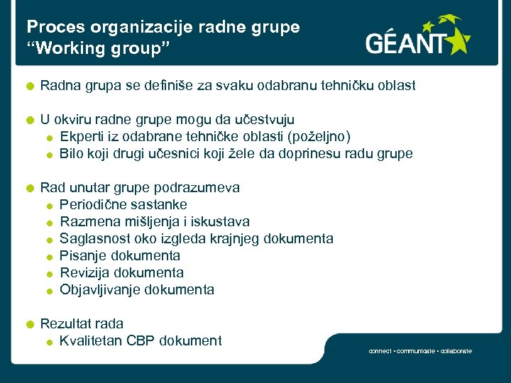 Proces organizacije radne grupe “Working group” Radna grupa se definiše za svaku odabranu tehničku