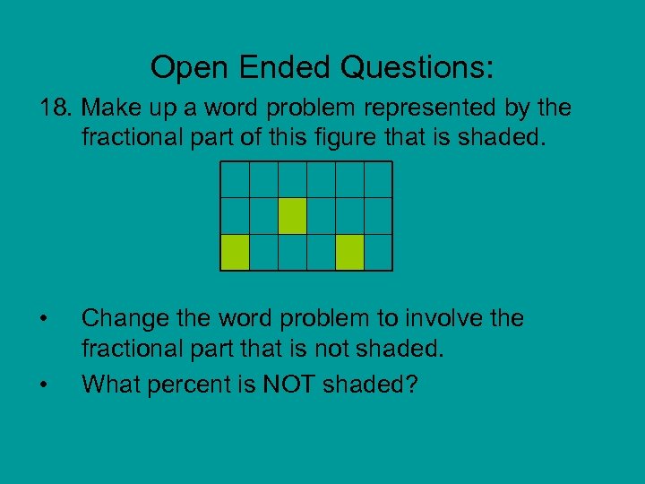 Open Ended Questions: 18. Make up a word problem represented by the fractional part