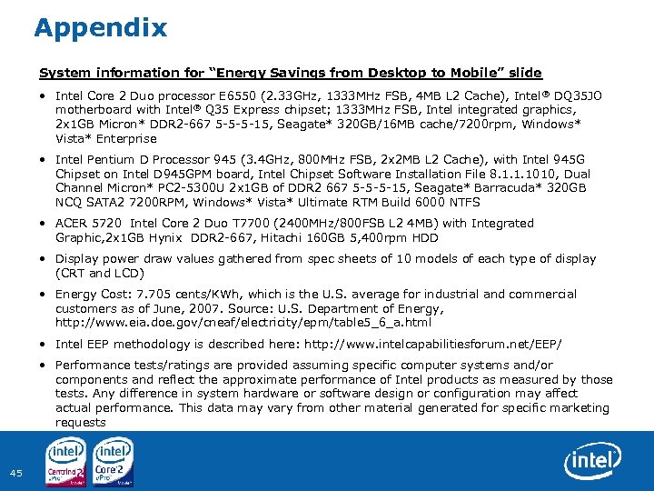 Appendix System information for “Energy Savings from Desktop to Mobile” slide • Intel Core