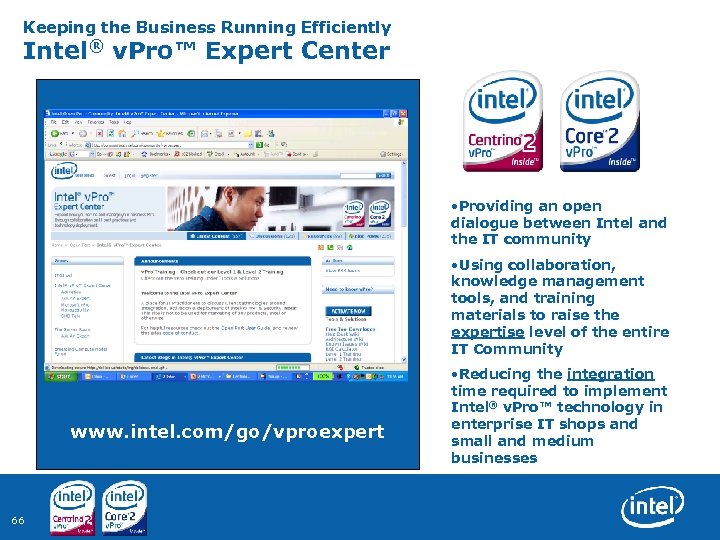 Keeping the Business Running Efficiently Intel® v. Pro™ Expert Center • Providing an open