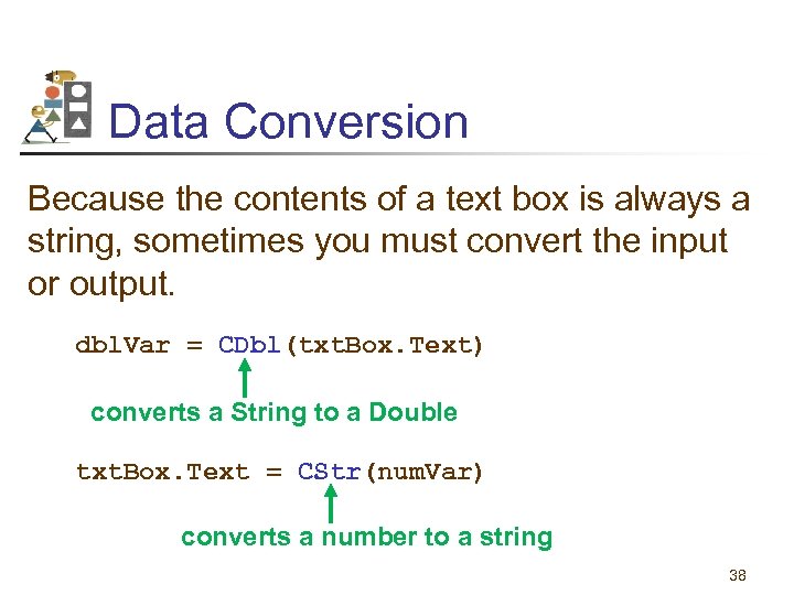 Data Conversion Because the contents of a text box is always a string, sometimes