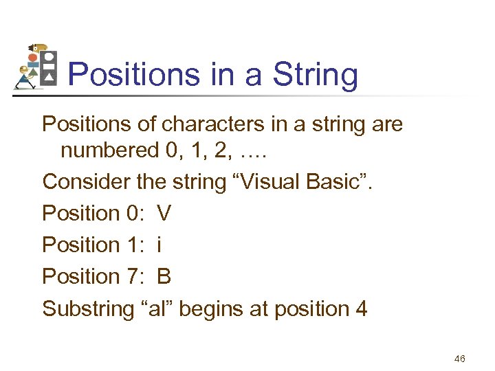 Positions in a String Positions of characters in a string are numbered 0, 1,