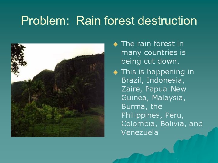 Problem: Rain forest destruction u u The rain forest in many countries is being