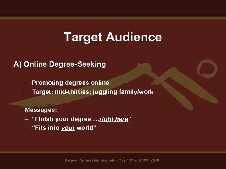 Target Audience A) Online Degree-Seeking – Promoting degrees online – Target: mid-thirties; juggling family/work