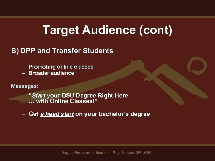 Target Audience (cont) B) DPP and Transfer Students – Promoting online classes – Broader