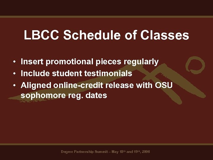 LBCC Schedule of Classes • Insert promotional pieces regularly • Include student testimonials •
