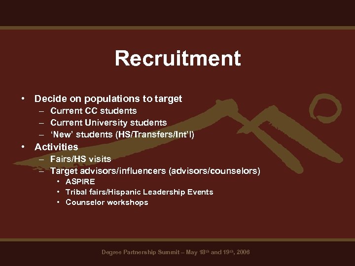 Recruitment • Decide on populations to target – Current CC students – Current University