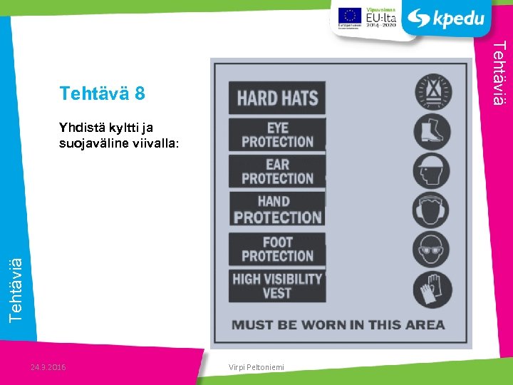 Tehtäviä Tehtävä 8 Tehtäviä Yhdistä kyltti ja suojaväline viivalla: 24. 3. 2016 Virpi Peltoniemi