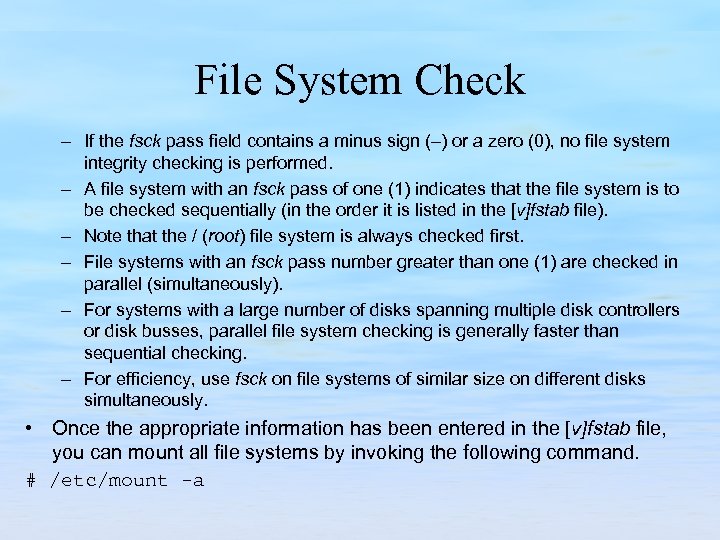 File System Check – If the fsck pass field contains a minus sign (