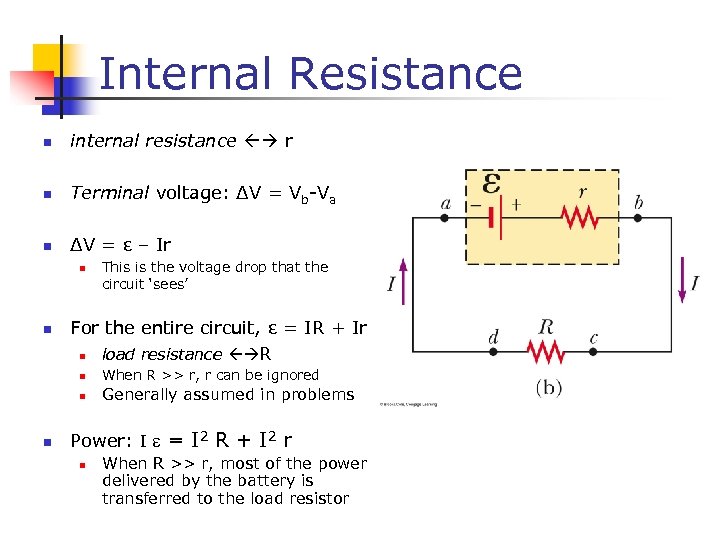 Internal Resistance n internal resistance r n Terminal voltage: ΔV = Vb-Va n ΔV