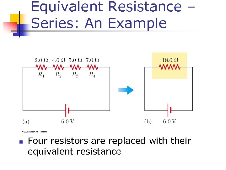 Equivalent Resistance – Series: An Example n Four resistors are replaced with their equivalent