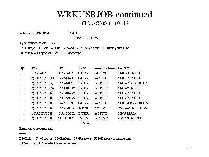WRKUSRJOB continued GO ASSIST 10, 12 Work with User Jobs ODIN 10/15/00 17: 47: