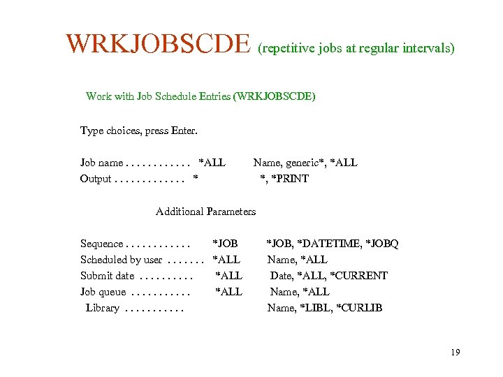 WRKJOBSCDE (repetitive jobs at regular intervals) Work with Job Schedule Entries (WRKJOBSCDE) Type choices,