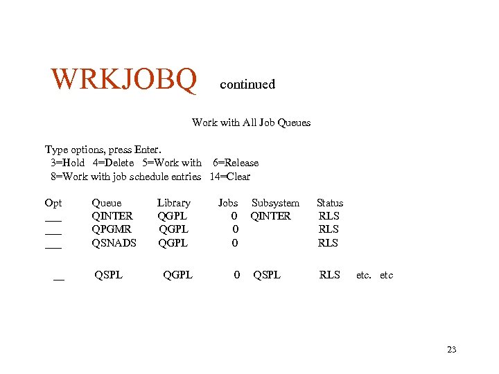 WRKJOBQ continued Work with All Job Queues Type options, press Enter. 3=Hold 4=Delete 5=Work