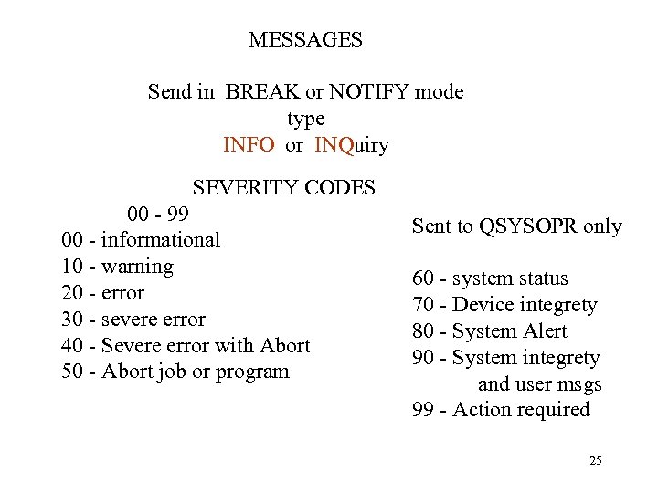 MESSAGES Send in BREAK or NOTIFY mode type INFO or INQuiry SEVERITY CODES 00
