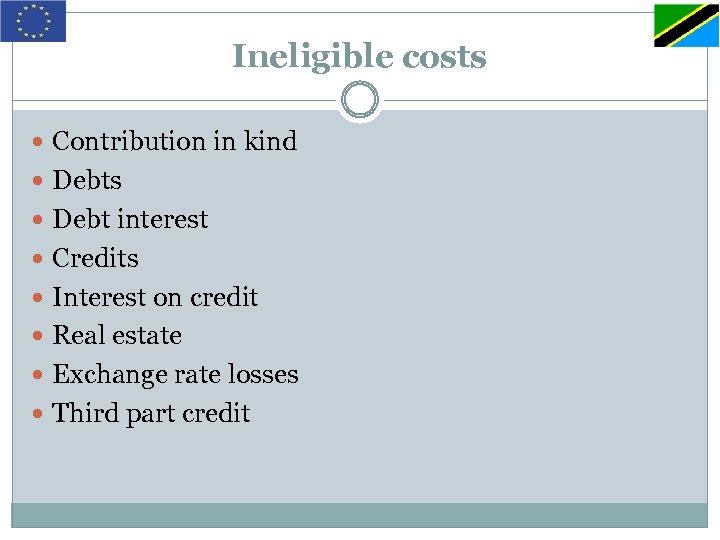 Ineligible costs Contribution in kind Debts Debt interest Credits Interest on credit Real estate