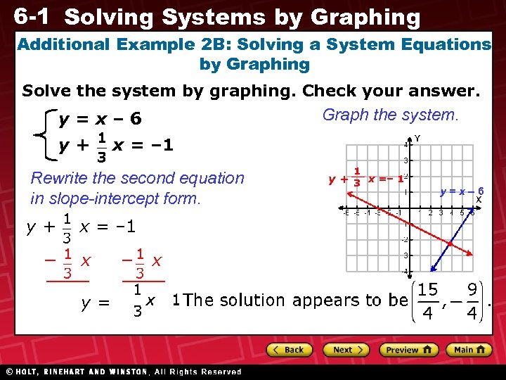 6 -1 Solving Systems by Graphing Additional Example 2 B: Solving a System Equations