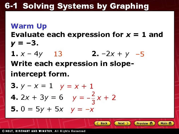 6 -1 Solving Systems by Graphing Warm Up Evaluate each expression for x =