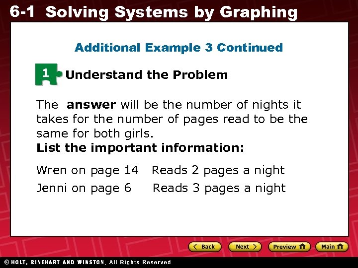 6 -1 Solving Systems by Graphing Additional Example 3 Continued 1 Understand the Problem