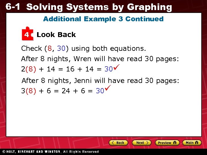 6 -1 Solving Systems by Graphing Additional Example 3 Continued 4 Look Back Check