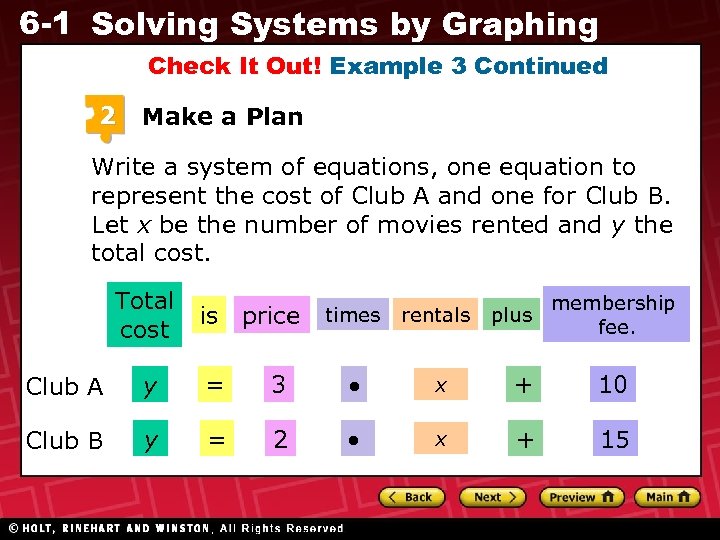 6 -1 Solving Systems by Graphing Check It Out! Example 3 Continued 2 Make