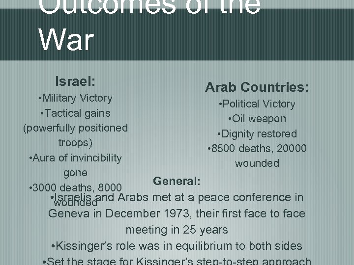 Outcomes of the War Israel: Arab Countries: • Military Victory • Political Victory •