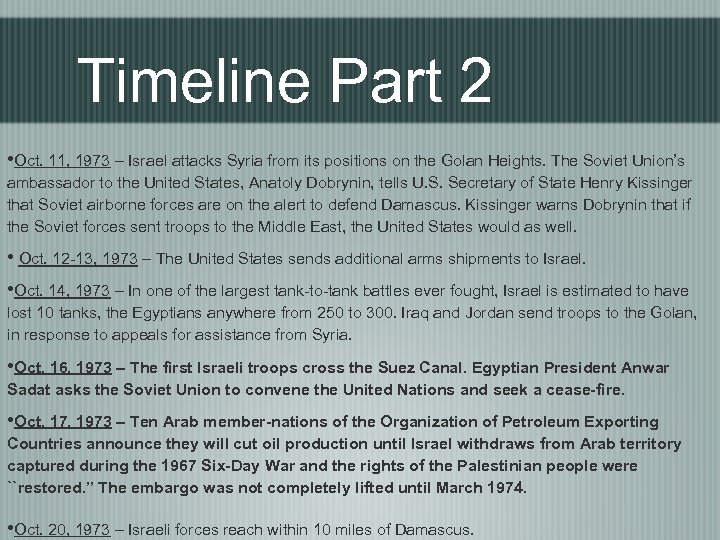 Timeline Part 2 • Oct. 11, 1973 – Israel attacks Syria from its positions