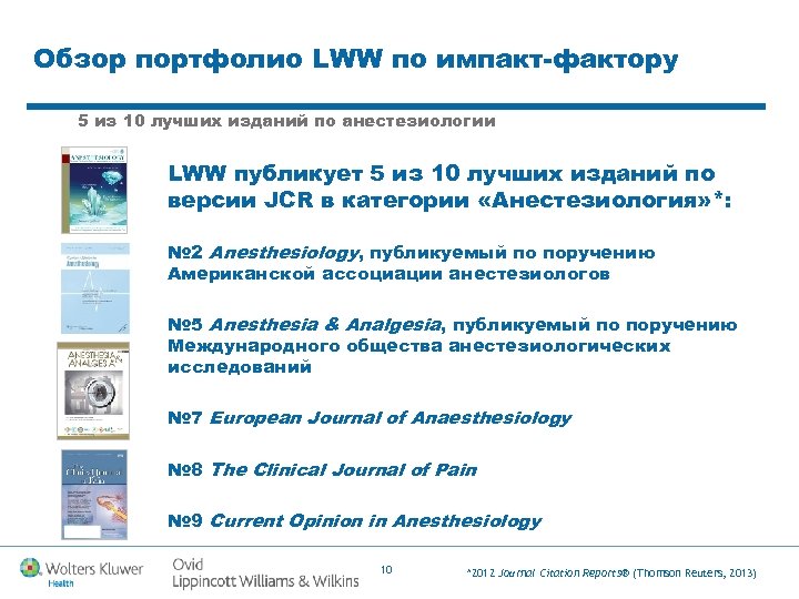 Обзор портфолио LWW по импакт-фактору 5 из 10 лучших изданий по анестезиологии LWW публикует