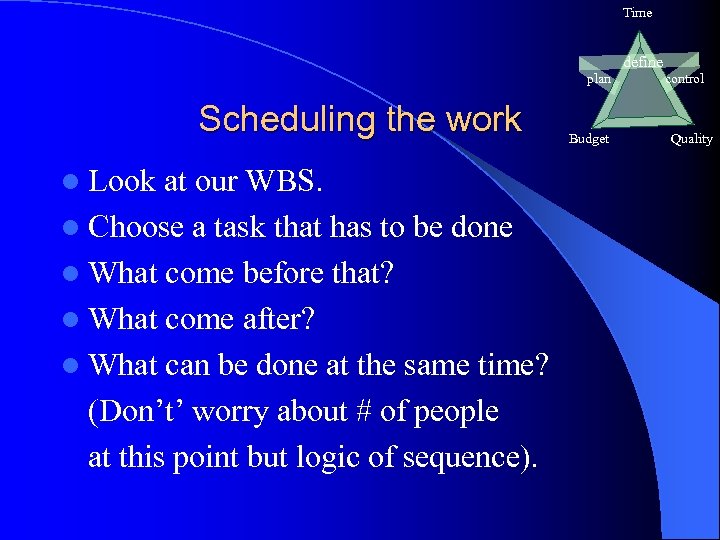 Time define plan Scheduling the work l Look at our WBS. l Choose a
