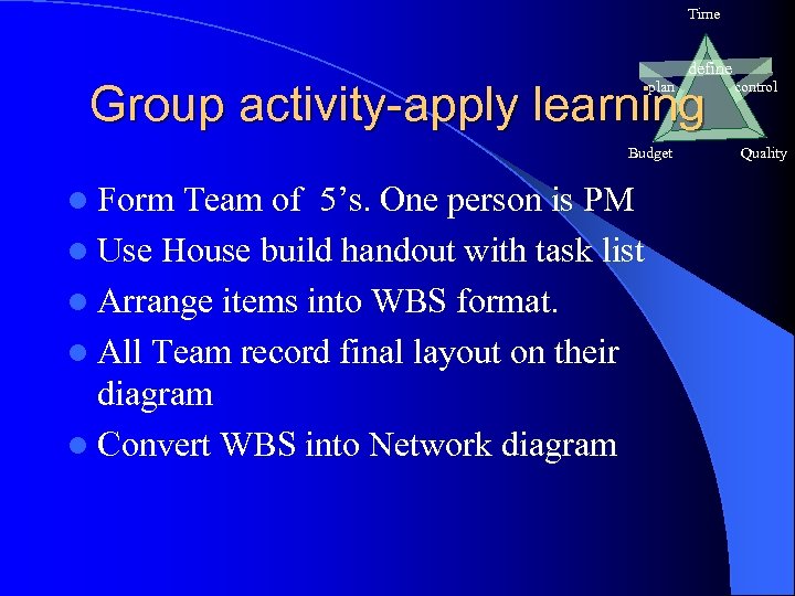 Time define Group activity-apply learning plan Budget l Form Team of 5’s. One person