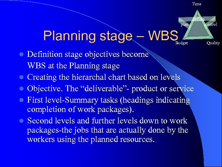 Time define plan Planning stage – WBS Budget l l l Definition stage objectives