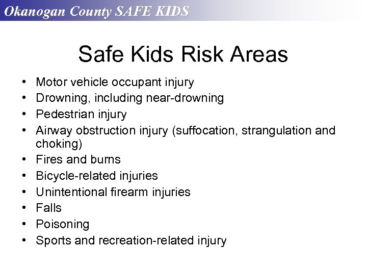 Okanogan County SAFE KIDS Safe Kids Risk Areas • • • Motor vehicle occupant