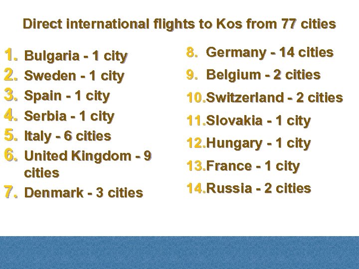 Direct international flights to Kos from 77 cities 1. 2. 3. 4. 5. 6.