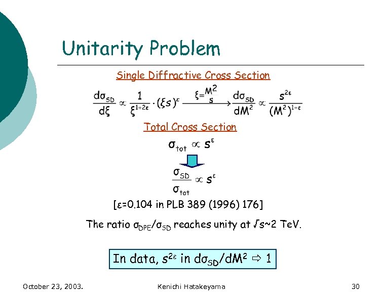 Unitarity Problem Single Diffractive Cross Section Total Cross Section [ε=0. 104 in PLB 389