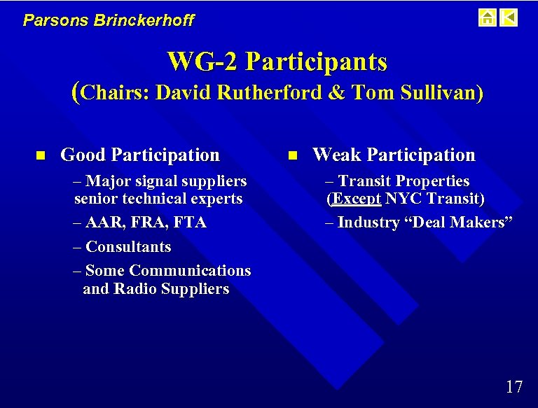 Parsons Brinckerhoff WG-2 Participants (Chairs: David Rutherford & Tom Sullivan) n Good Participation –