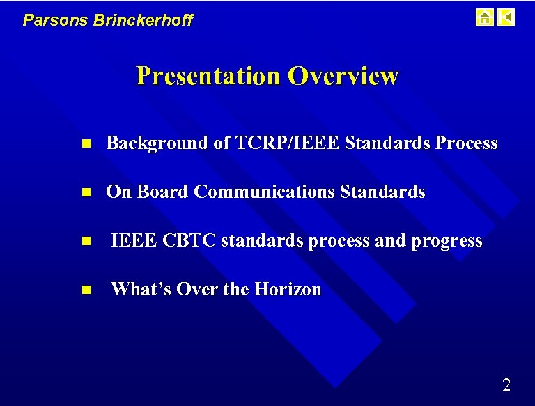 Parsons Brinckerhoff Presentation Overview n Background of TCRP/IEEE Standards Process n On Board Communications