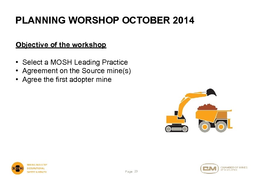 PLANNING WORSHOP OCTOBER 2014 Objective of the workshop • Select a MOSH Leading Practice
